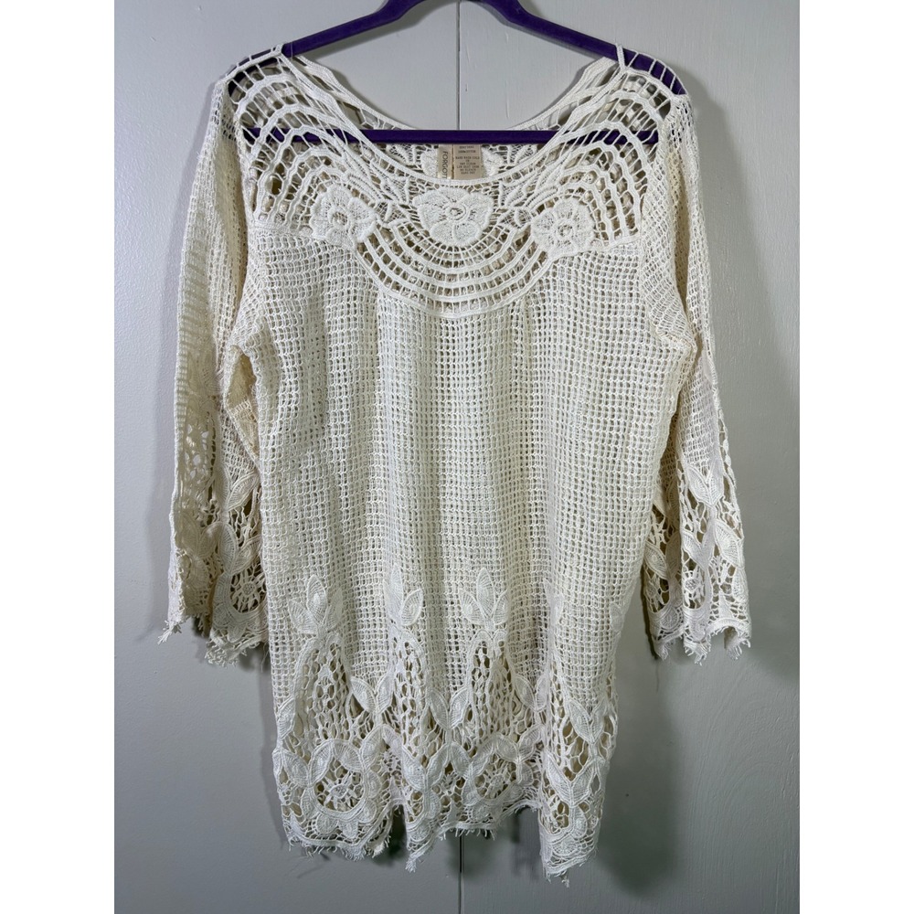 Forgotten Grace XL Cream Crochet Knit Lace Tunic Boho Cottagecore Festival